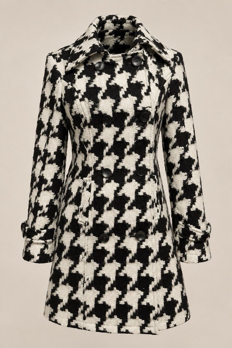 Passione Wool Blend Tweed Houndstooth Double Breasted Coat Size 38 Black White